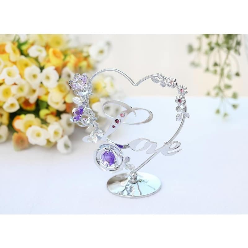 Matashi Home Decorative Tabletop Showpiece Chrome Plated Silver Love Ornament with Purple and Lavender Crystals Ornamental Decor