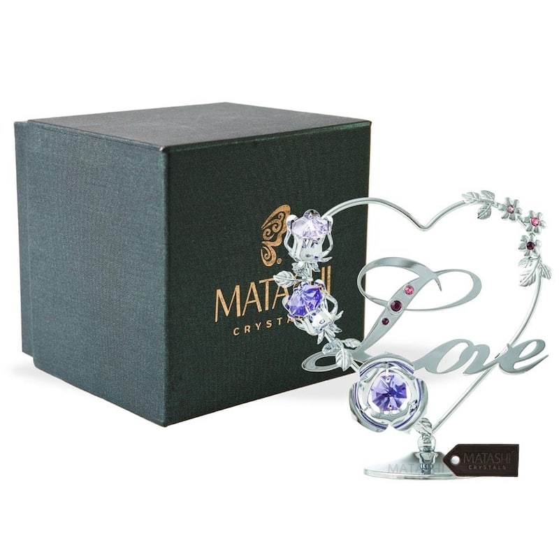 Matashi Home Decorative Tabletop Showpiece Chrome Plated Silver Love Ornament with Purple and Lavender Crystals Ornamental Decor