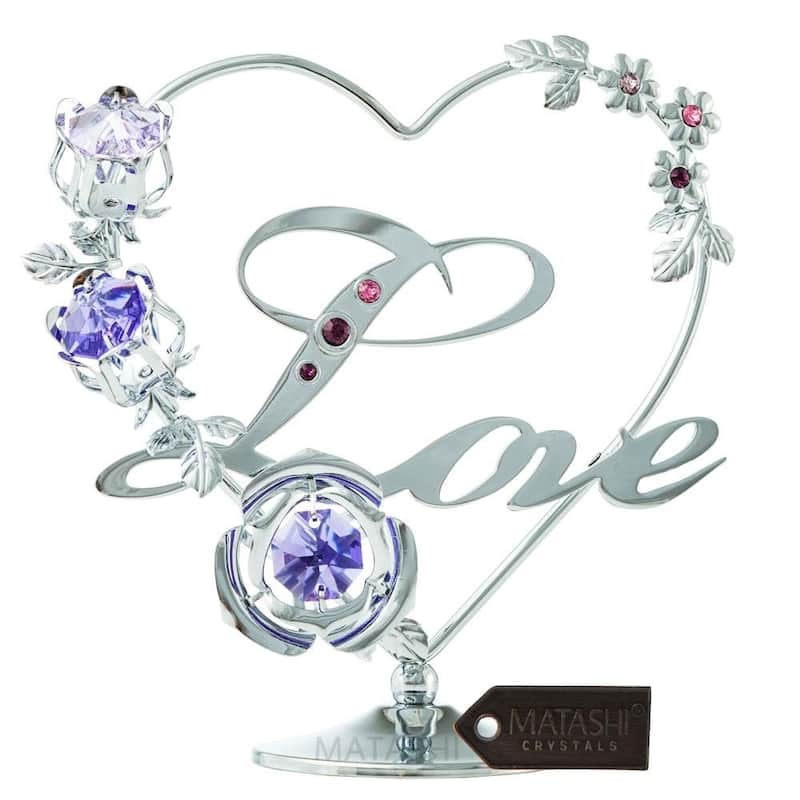 Matashi Home Decorative Tabletop Showpiece Chrome Plated Silver Love Ornament with Purple and Lavender Crystals Ornamental Decor