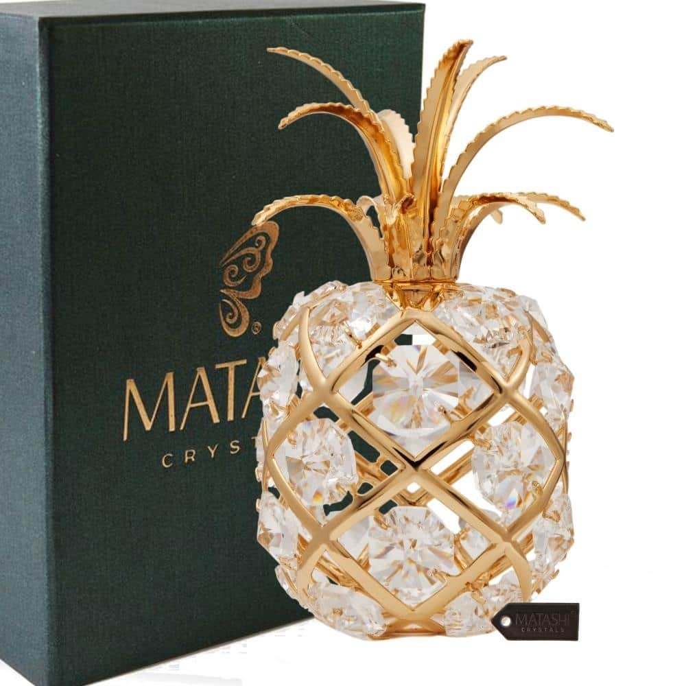 Matashi Home Decorative Tabletop Showpiece 24K Gold Plated Crystal Studded Pineapple Ornament with Clear Crystals