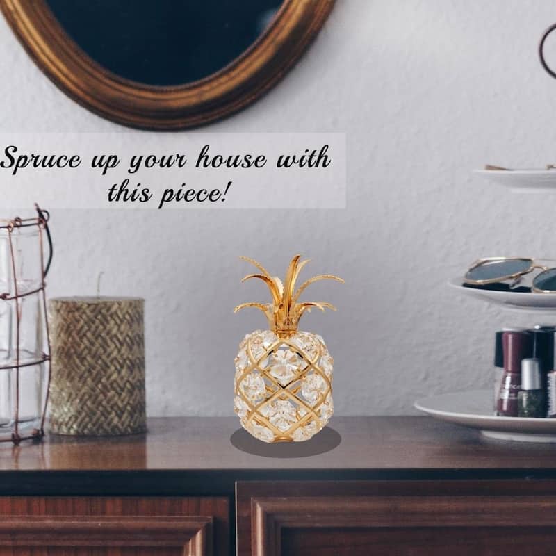 Matashi Home Decorative Tabletop Showpiece 24K Gold Plated Crystal Studded Pineapple Ornament with Clear Crystals