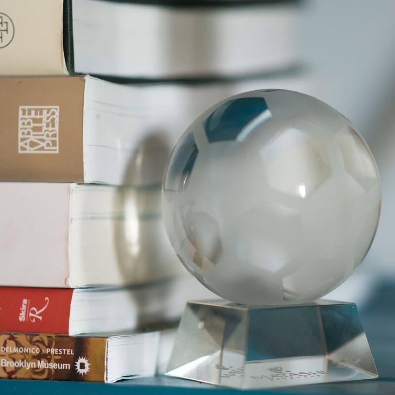 Matashi Home Decorative Tabletop Showpiece Crystal Paperweight with Etched Soccer Ball Ornament and Trapezoid Base