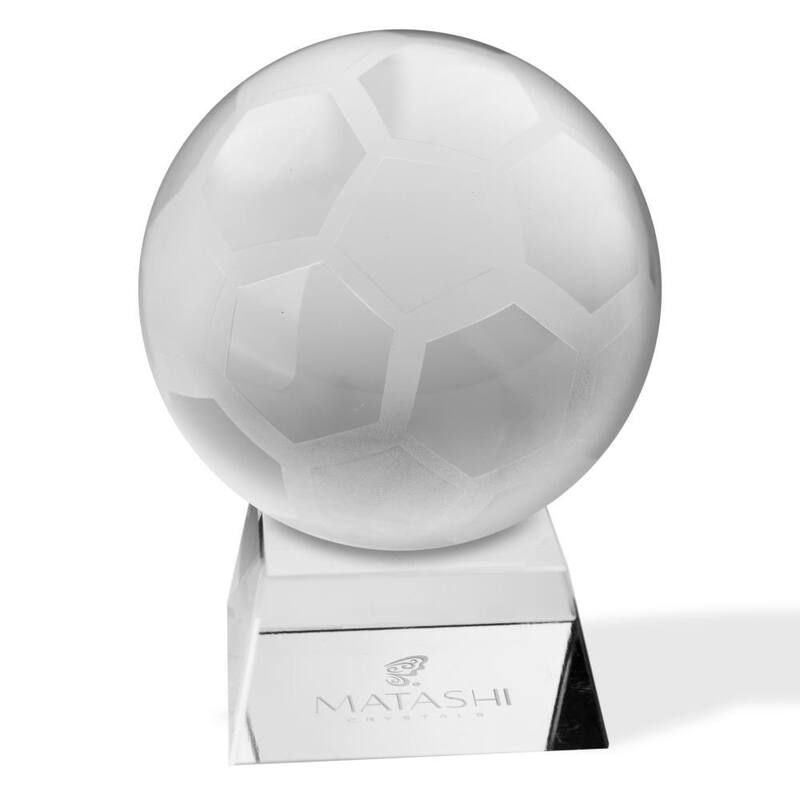 Matashi Home Decorative Tabletop Showpiece Crystal Paperweight with Etched Soccer Ball Ornament and Trapezoid Base