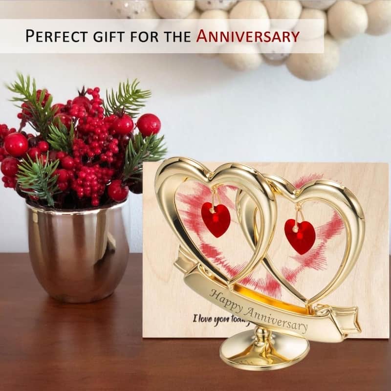 Matashi Home Decorative Tabletop Showpiece 24K Gold Plated Happy Anniversary Gift Double Heart Made with Genuine Red Crystals