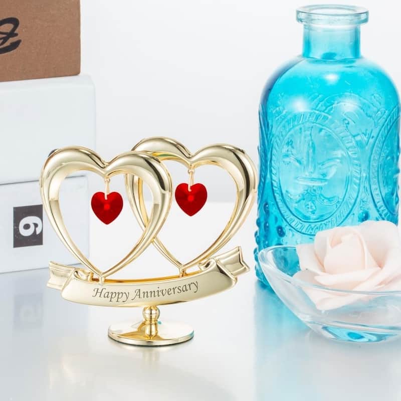 Matashi Home Decorative Tabletop Showpiece 24K Gold Plated Happy Anniversary Gift Double Heart Made with Genuine Red Crystals