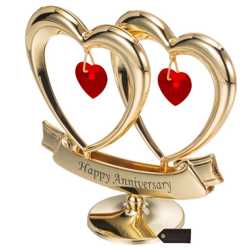 Matashi Home Decorative Tabletop Showpiece 24K Gold Plated Happy Anniversary Gift Double Heart Made with Genuine Red Crystals