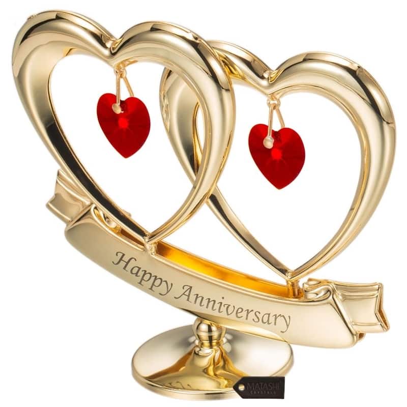 Matashi Home Decorative Tabletop Showpiece 24K Gold Plated Happy Anniversary Gift Double Heart Made with Genuine Red Crystals