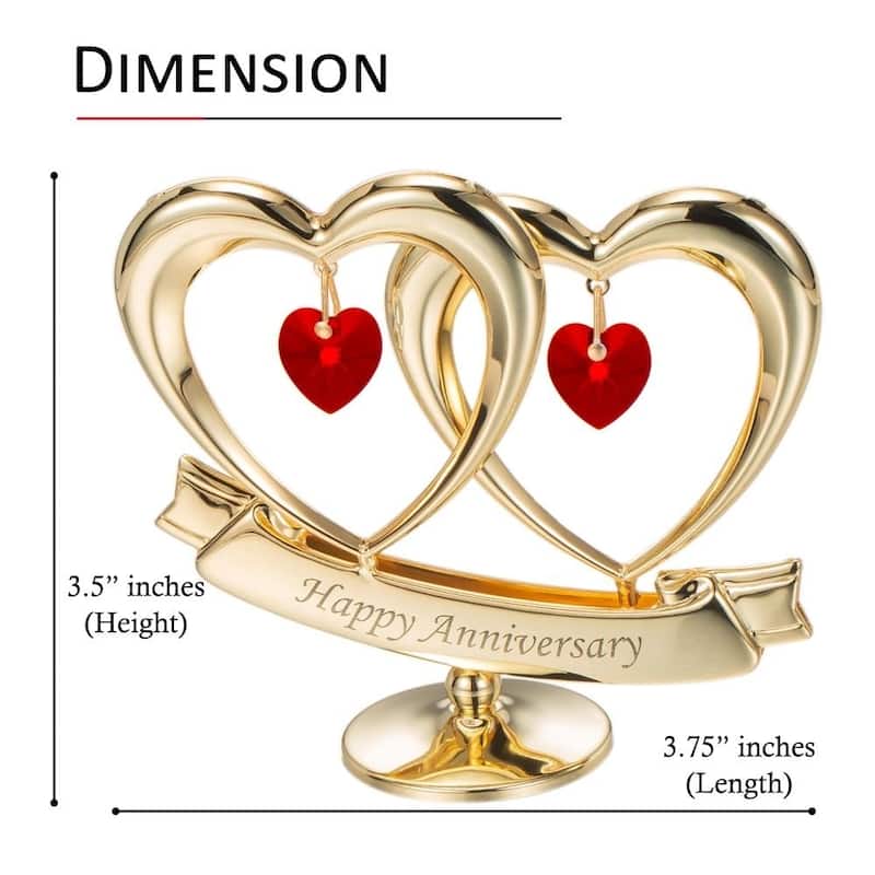 Matashi Home Decorative Tabletop Showpiece 24K Gold Plated Happy Anniversary Gift Double Heart Made with Genuine Red Crystals