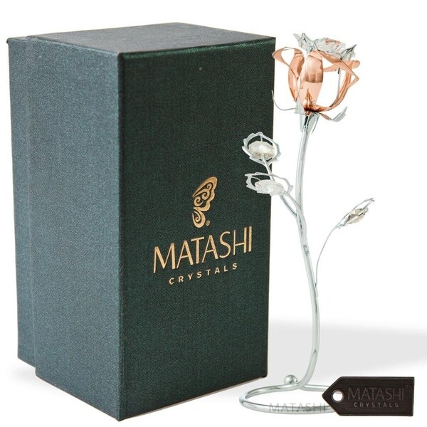 24k Gold Plated Rose Flower Tabletop Ornament w/ Red & Pink Matashi Crystals 