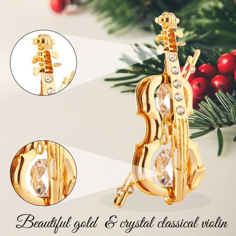 Matashi 24K Gold Plated Crystal Studded Violin and Bow Ornament