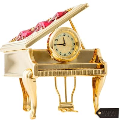 Matashi Home Decorative Tabletop Showpiece 24K Gold Plated Vintage Piano Desk Clock with Red Crystals