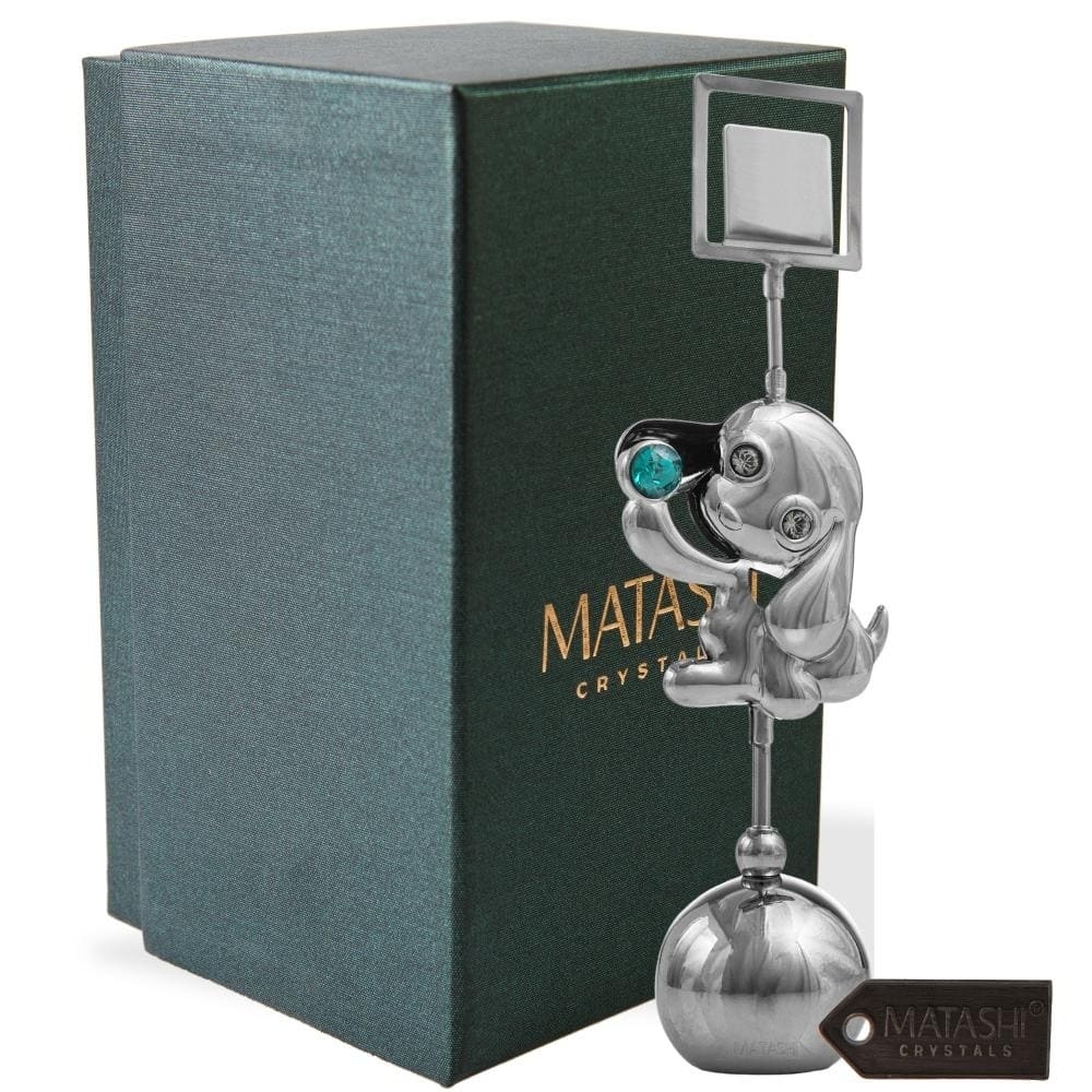 Matashi Home Decorative Tabletop Showpiece Chrome Plated Silver Puppy Card Holder with Green Crystal Metal Dog Figurine