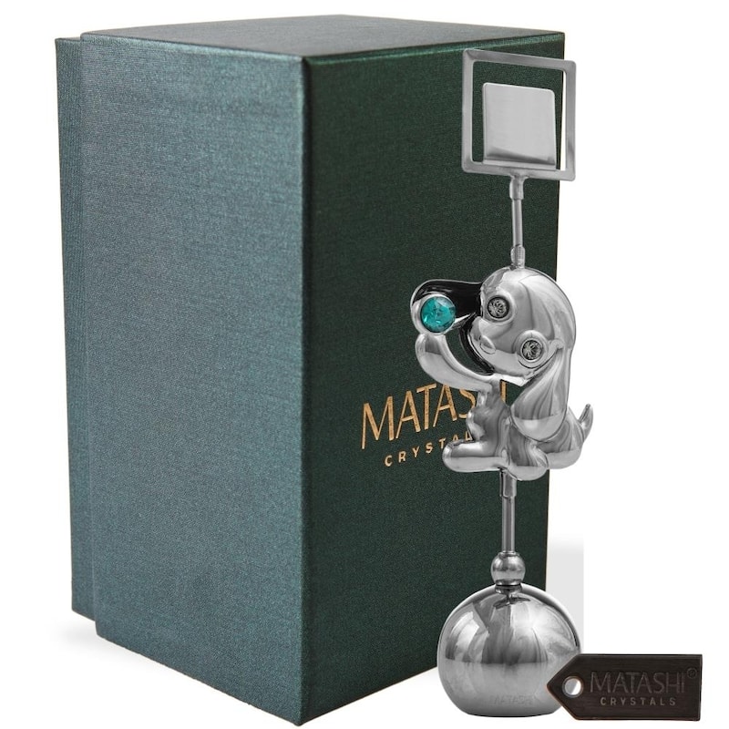 Matashi Home Decorative Tabletop Showpiece Chrome Plated Silver Puppy Card Holder with Green Crystal Metal Dog Figurine