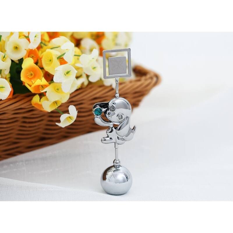 Matashi Home Decorative Tabletop Showpiece Chrome Plated Silver Puppy Card Holder with Green Crystal Metal Dog Figurine