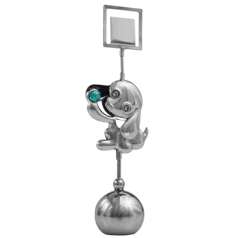 Matashi Home Decorative Tabletop Showpiece Chrome Plated Silver Puppy Card Holder with Green Crystal Metal Dog Figurine