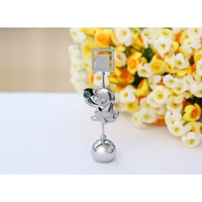 Matashi Home Decorative Tabletop Showpiece Chrome Plated Silver Puppy Card Holder with Green Crystal Metal Dog Figurine