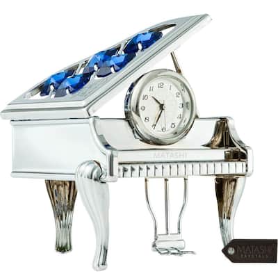 Matashi Home Decorative Tabletop Showpiece Chrome Plated Silver Vintage Piano Desk Clock with Blue Crystals