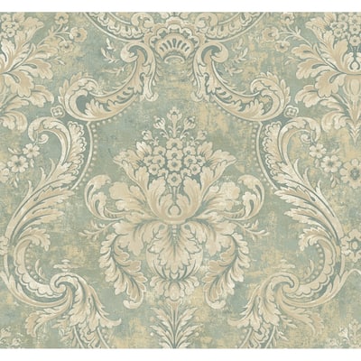 Metallic Antique Damask Wallpaper, 27 feet long X 27 inchs Wide, Metallic Gold and Sea Green