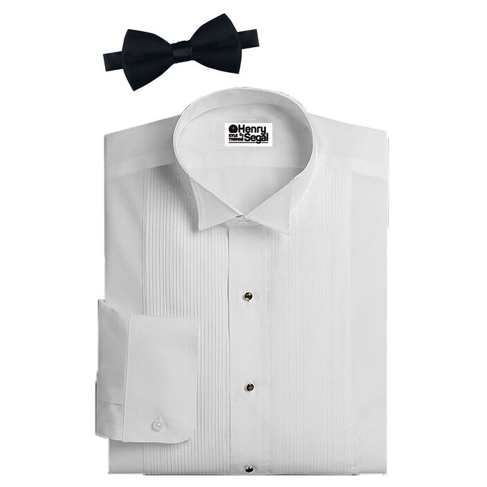 Men's 1/4 Wing Tip Collar White Tuxedo Shirt with Black Bowtie 