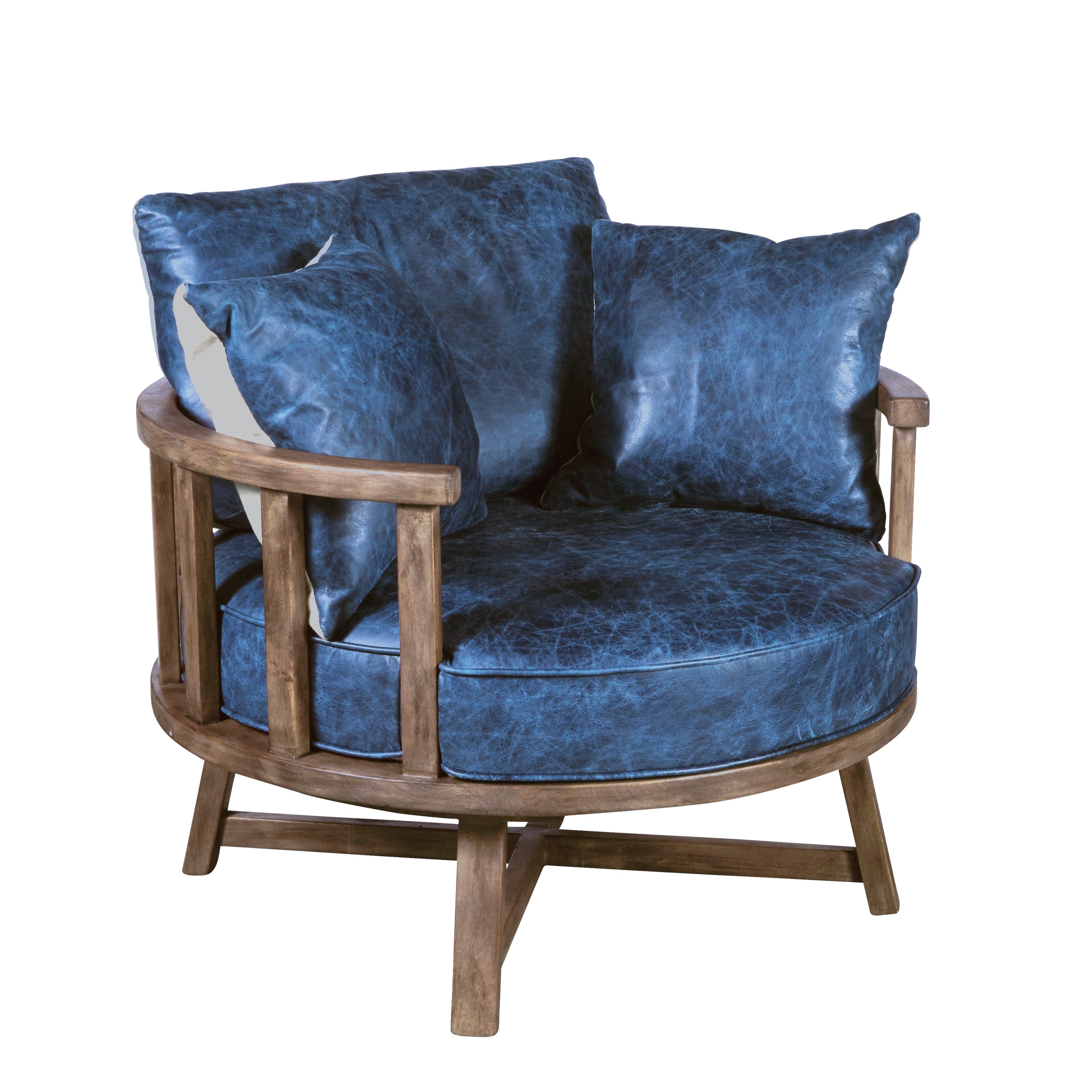Shop Navy Blue Leather Swivel Club Chair With Wood Base On Sale