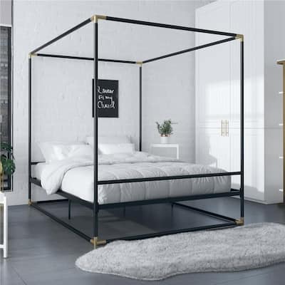 CosmoLiving Celeste Canopy Metal Bed, King Size Frame, Black/Gold