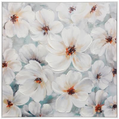 StyleCraft Healthy Bloom White Flowers White Framed Textured Embellished Hand Painting on Stretched Canvas