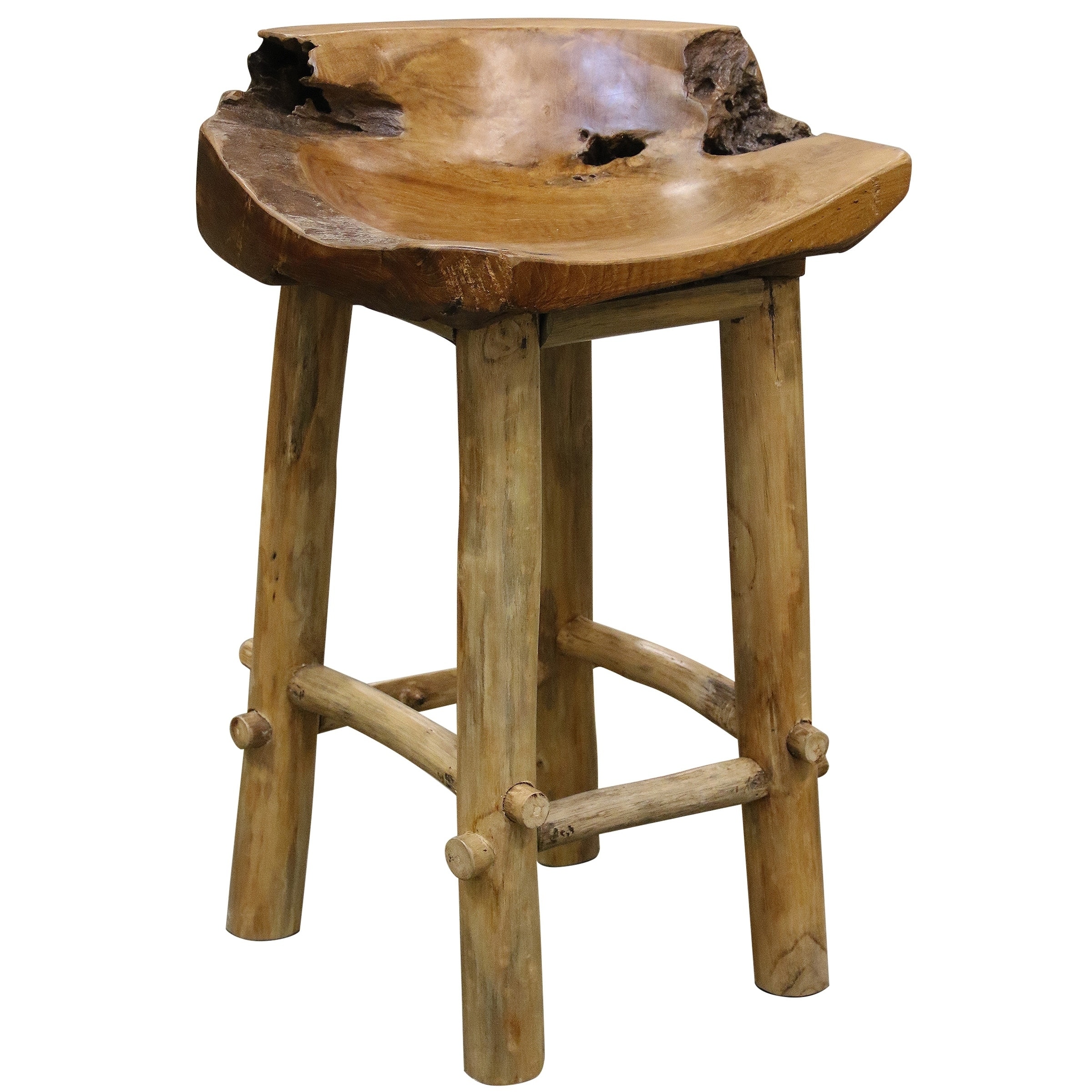 Stylecraft Basin Natural Teak Wood Counter Stool With Raw Edge Detail