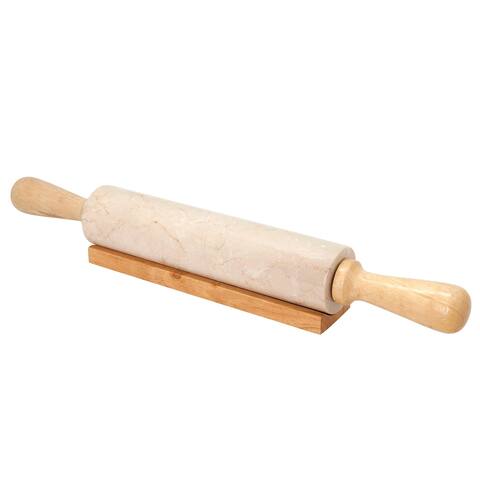 Creative Home Champagne Marble 18" Length Rolling Pin w/Deluxe Wood Handles and Cradle