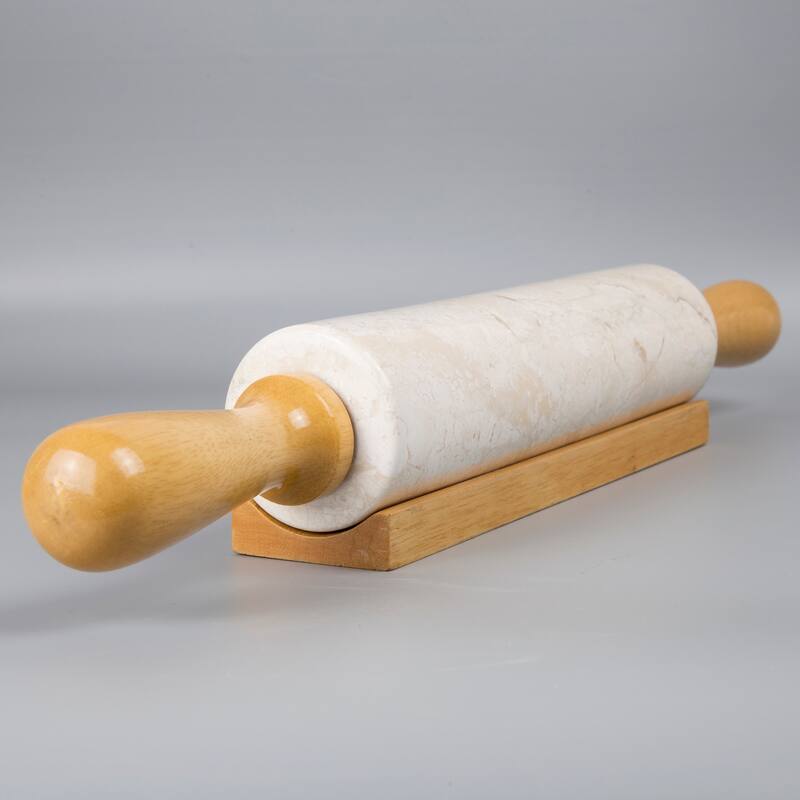 Creative Home Champagne Marble 18" Length Rolling Pin w/Deluxe Wood Handles and Cradle