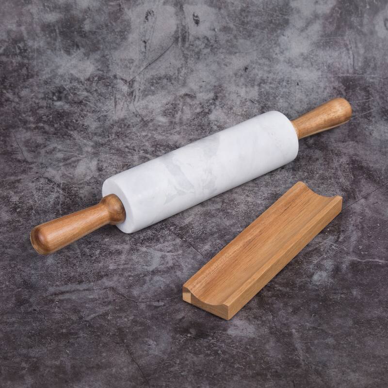 Creative Home Deluxe White Marble Rolling Pin with Acacia Wood Handles and Cradle