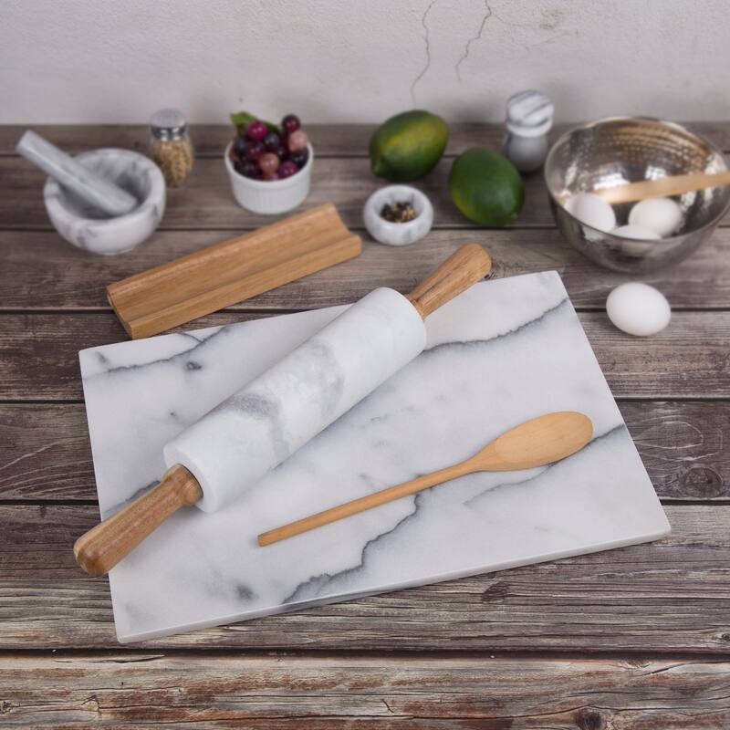 Creative Home Deluxe White Marble Rolling Pin with Acacia Wood Handles and Cradle