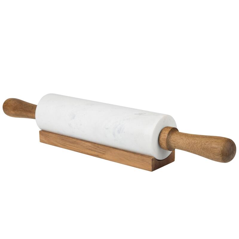Creative Home Deluxe White Marble Rolling Pin with Acacia Wood Handles and Cradle - White