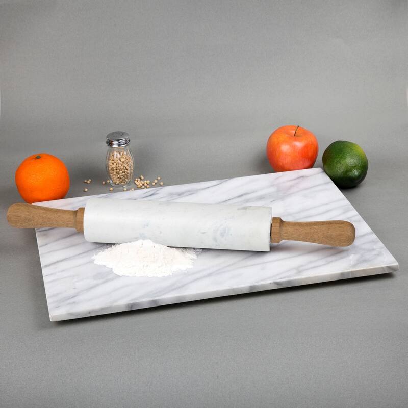 Creative Home Deluxe White Marble Rolling Pin with Acacia Wood Handles and Cradle