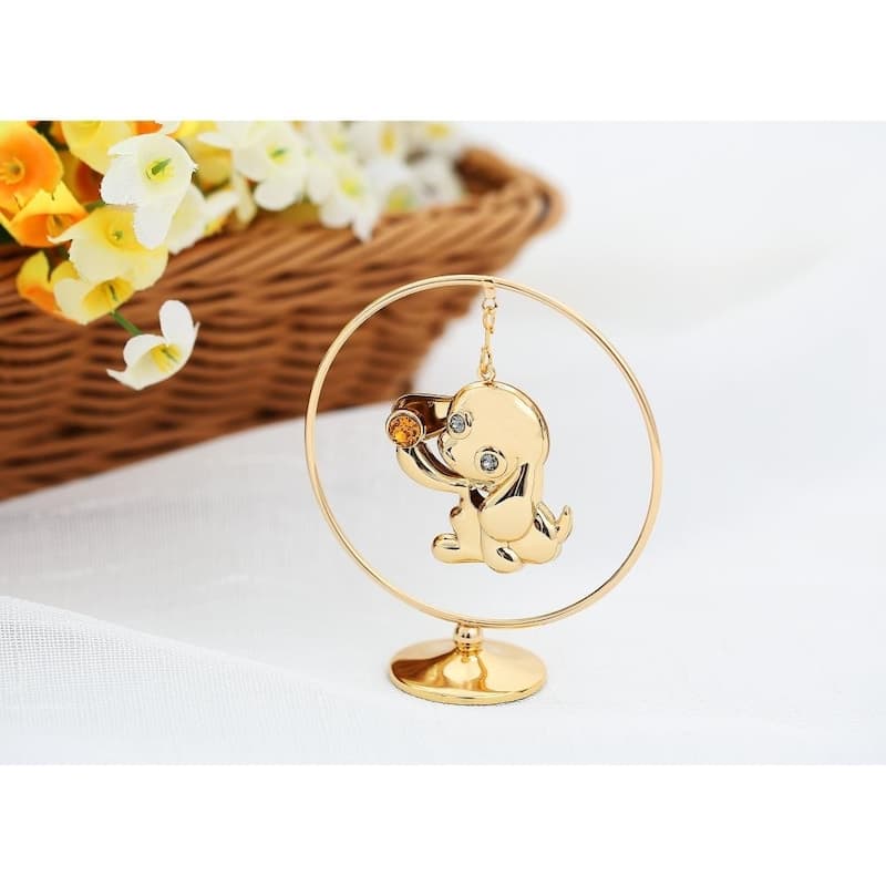 Matashi Home Decorative Showpiece 24K Gold Plated Puppy Hoop with Gold Crystal Elegant Decor Metal Dog Figurine Hanging Ornament