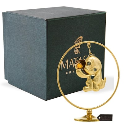 Matashi Home Decorative Showpiece 24K Gold Plated Puppy Hoop with Gold Crystal Elegant Decor Metal Dog Figurine Hanging Ornament