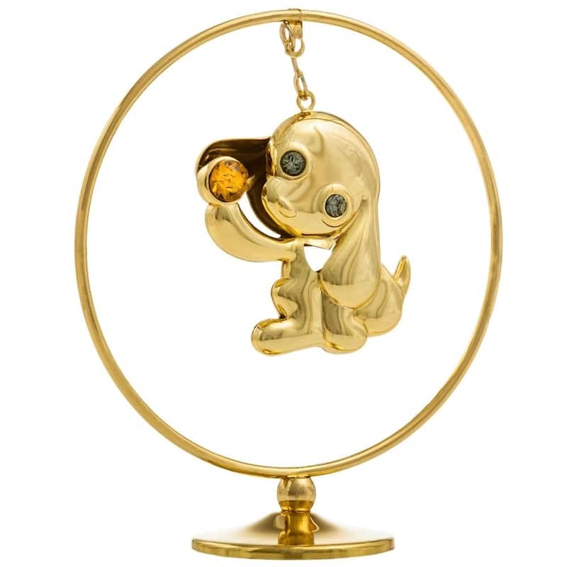 Matashi Home Decorative Showpiece 24K Gold Plated Puppy Hoop with Gold Crystal Elegant Decor Metal Dog Figurine Hanging Ornament