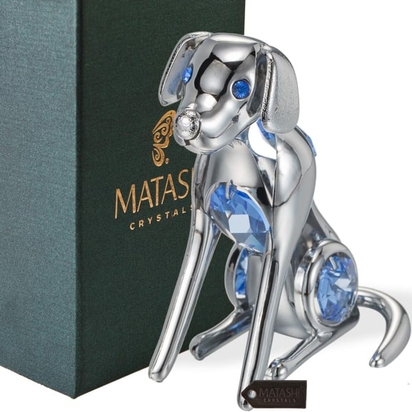 slide 1 of 7, Matashi Home Decorative Tabletop Showpiece Chrome Plated Silver Dog with Blue Crystals