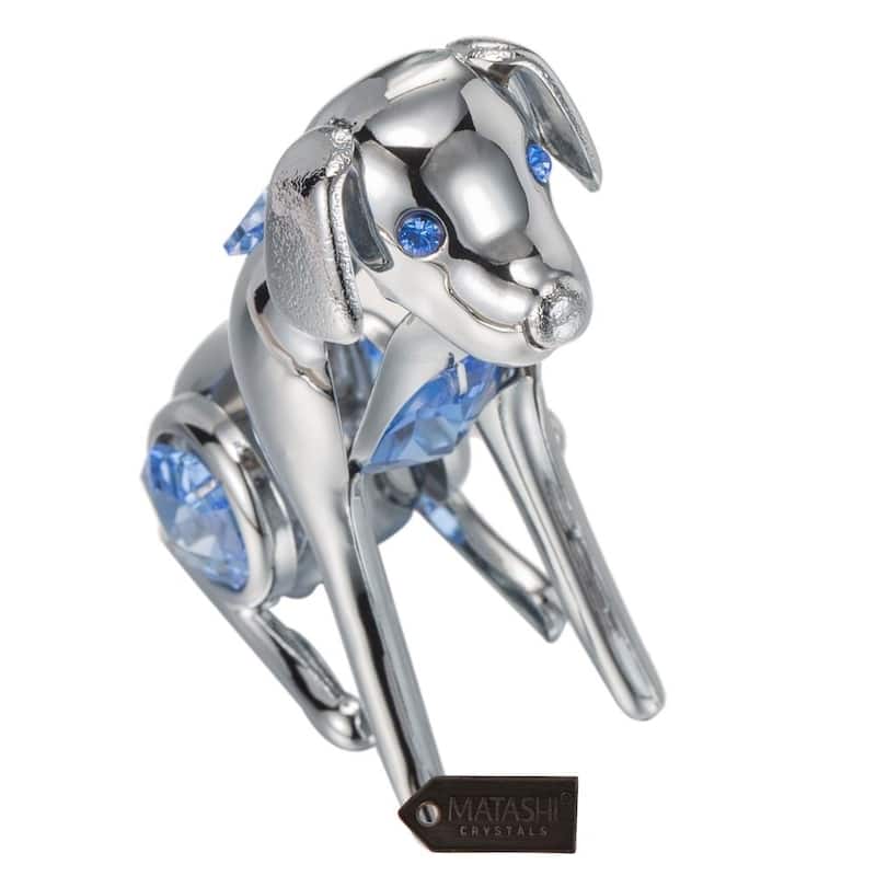 Matashi Home Decorative Tabletop Showpiece Chrome Plated Silver Dog with Blue Crystals