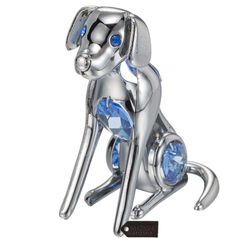 Matashi Home Decorative Tabletop Showpiece Chrome Plated Silver Dog with Blue Crystals