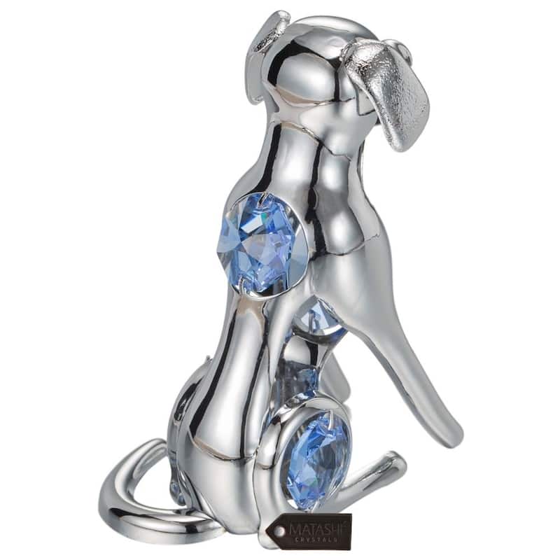 Matashi Home Decorative Tabletop Showpiece Chrome Plated Silver Dog with Blue Crystals