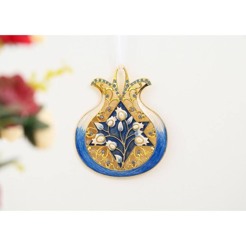 Matashi Home Decorative Showpiece Pomegranate with Star of David Hanging Ornament (Pewter), Gold-Plated (Blue, Ivory and Gold)