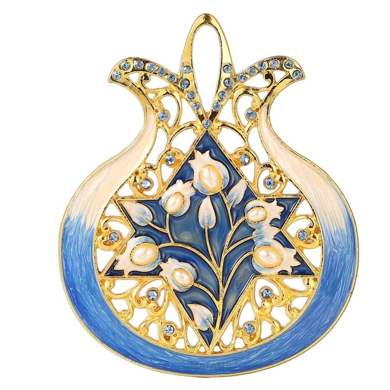 Matashi Home Decorative Showpiece Pomegranate with Star of David Hanging Ornament (Pewter), Gold-Plated (Blue, Ivory and Gold)