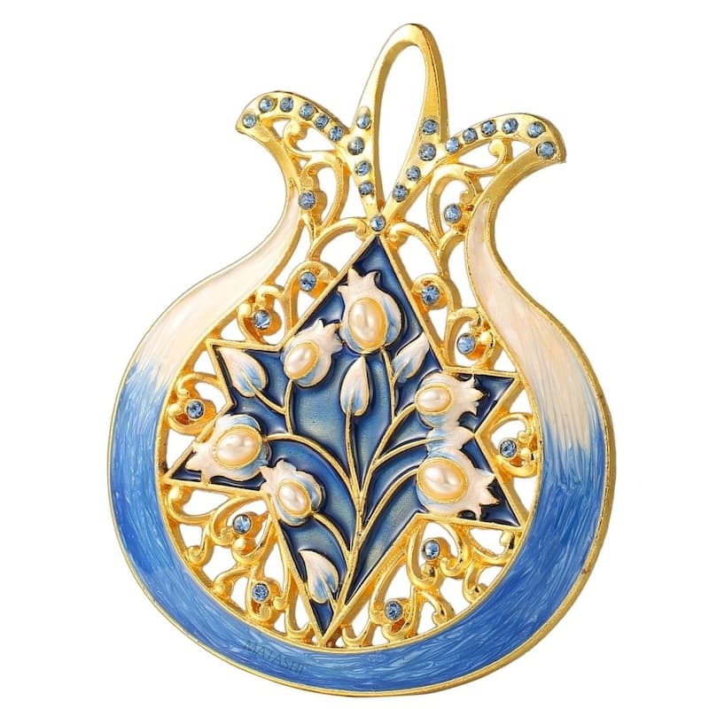 Matashi Home Decorative Showpiece Pomegranate with Star of David Hanging Ornament (Pewter), Gold-Plated (Blue, Ivory and Gold)
