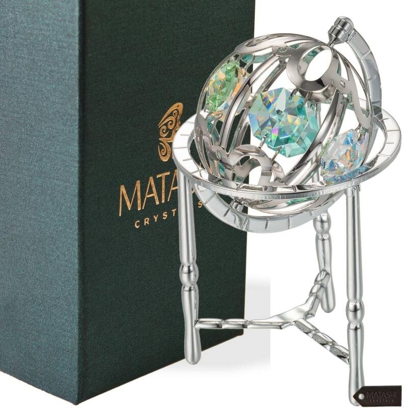 Matashi Home Decorative Tabletop Showpiece Chrome Plated Crystal Studded Silver Spinning Globe Ornament with Colored Crystals