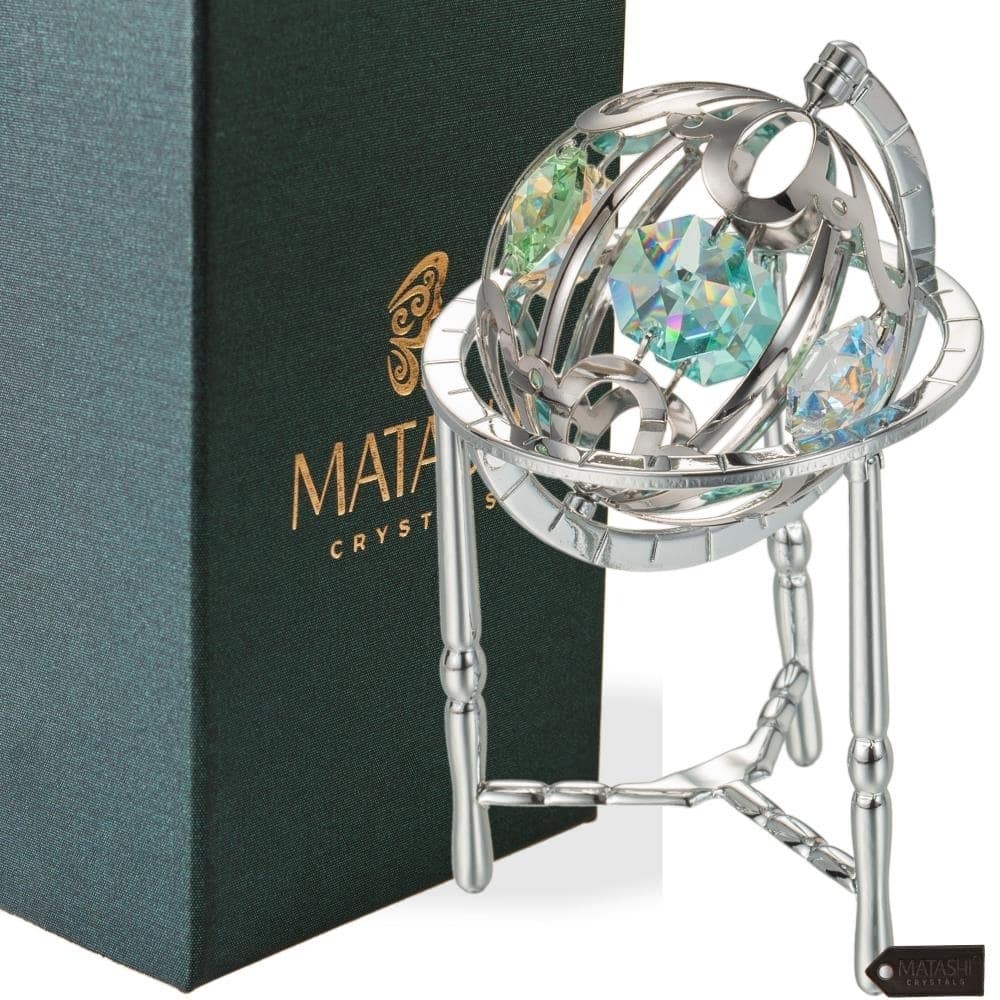 Matashi Home Decorative Tabletop Showpiece Chrome Plated Crystal Studded Silver Spinning Globe Ornament with Colored Crystals
