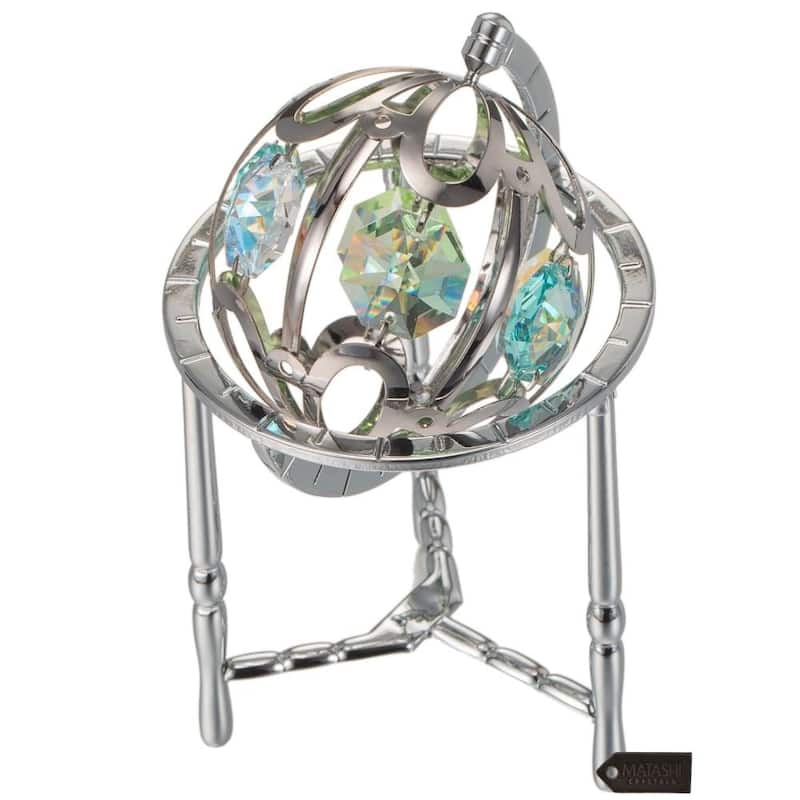 Matashi Home Decorative Tabletop Showpiece Chrome Plated Crystal Studded Silver Spinning Globe Ornament with Colored Crystals