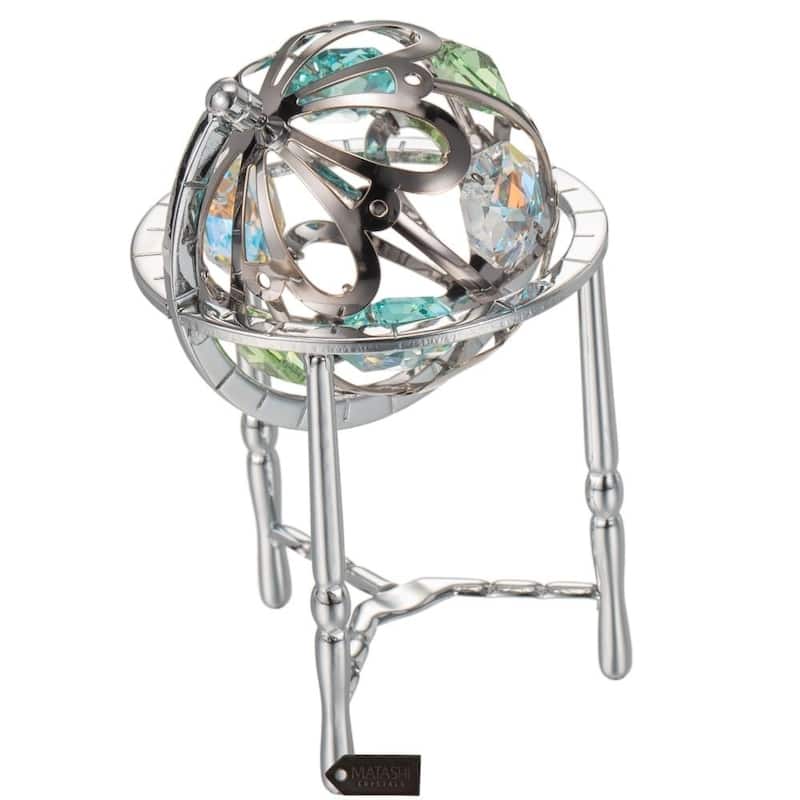 Matashi Home Decorative Tabletop Showpiece Chrome Plated Crystal Studded Silver Spinning Globe Ornament with Colored Crystals