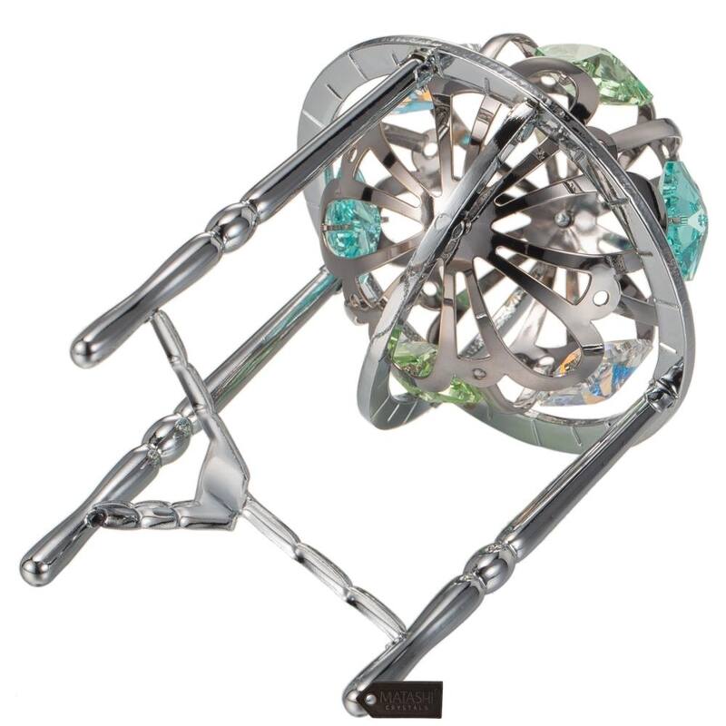 Matashi Home Decorative Tabletop Showpiece Chrome Plated Crystal Studded Silver Spinning Globe Ornament with Colored Crystals