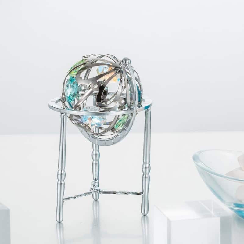 Matashi Home Decorative Tabletop Showpiece Chrome Plated Crystal Studded Silver Spinning Globe Ornament with Colored Crystals