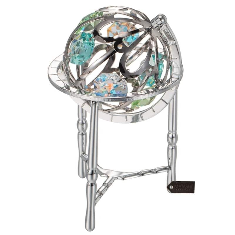 Matashi Home Decorative Tabletop Showpiece Chrome Plated Crystal Studded Silver Spinning Globe Ornament with Colored Crystals